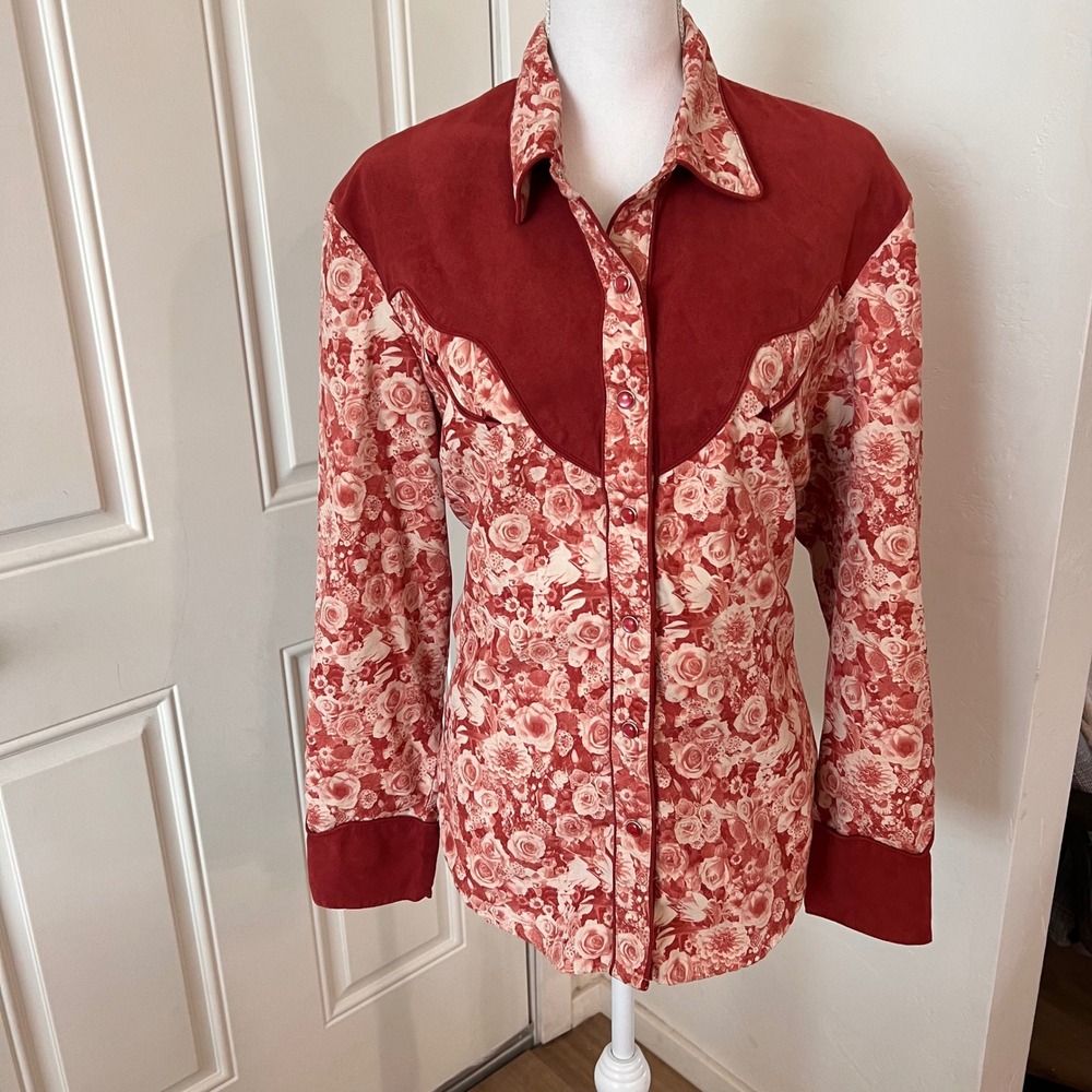 Scully Womens Red Floral Western Snap Shirt Faux Suede Yoke XXL PL-694